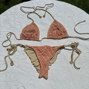 Luli Fama Crocheted Coral and Tan Bikini Set